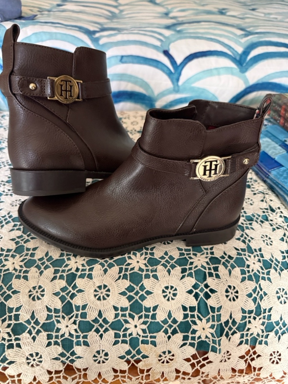 Tommy Hilfiger Dark Brown Ankle Booties with Gold Logo Accent